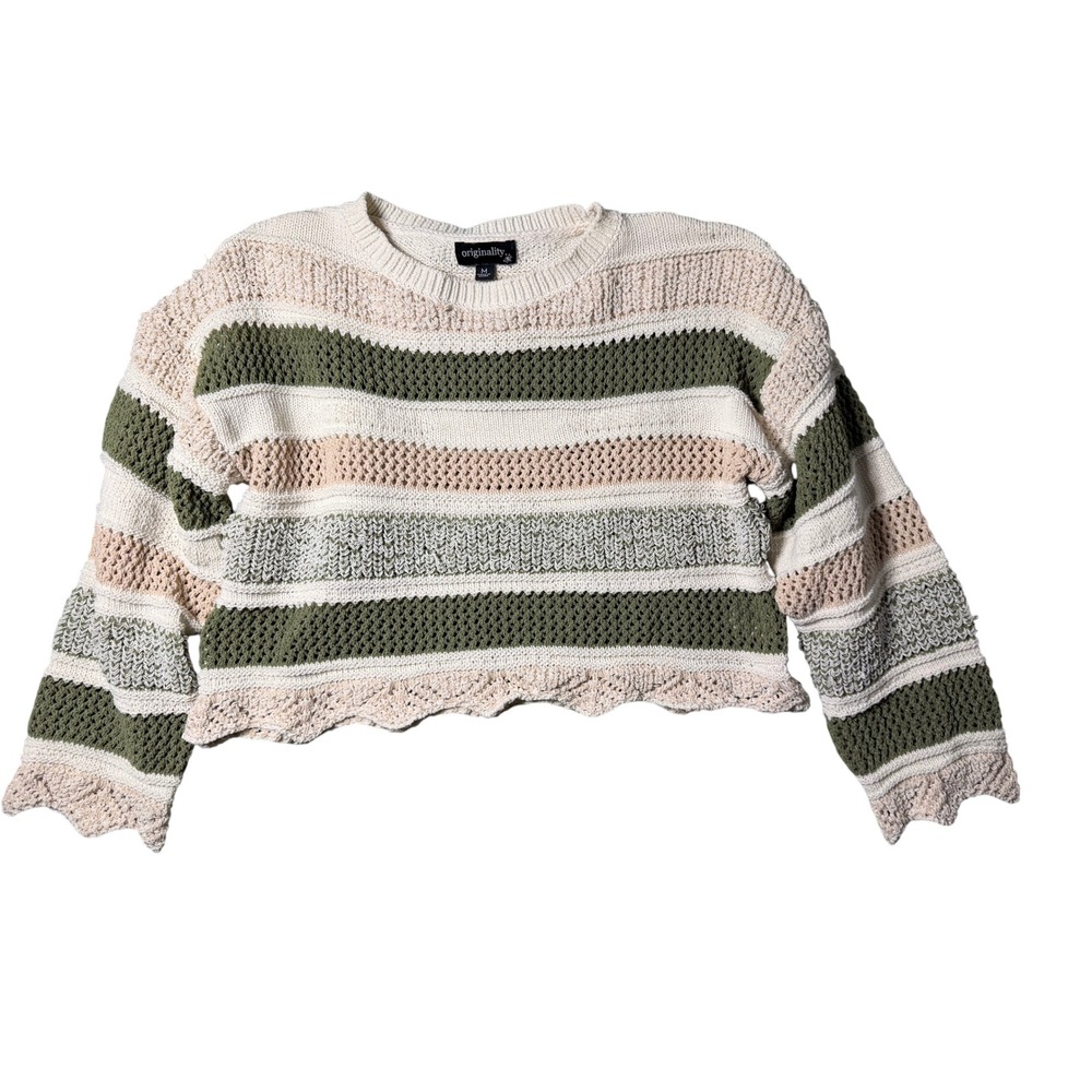 Juniors Originality Striped Open Knit Cropped Sweater Olive Cream Pink M